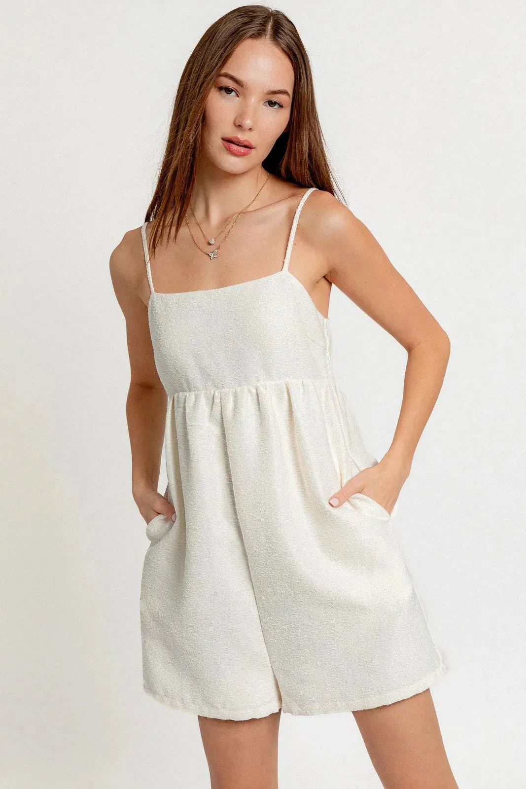 Sleeveless Side Pocket Smocked Back Babydoll Romper