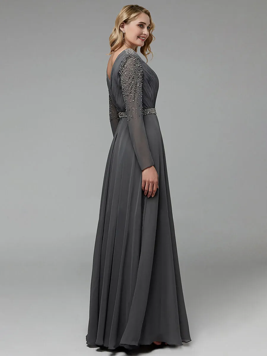 Steel Grey Long Sleeve Chiffon V-Neck Flowy Pleated Empire Prom Dress