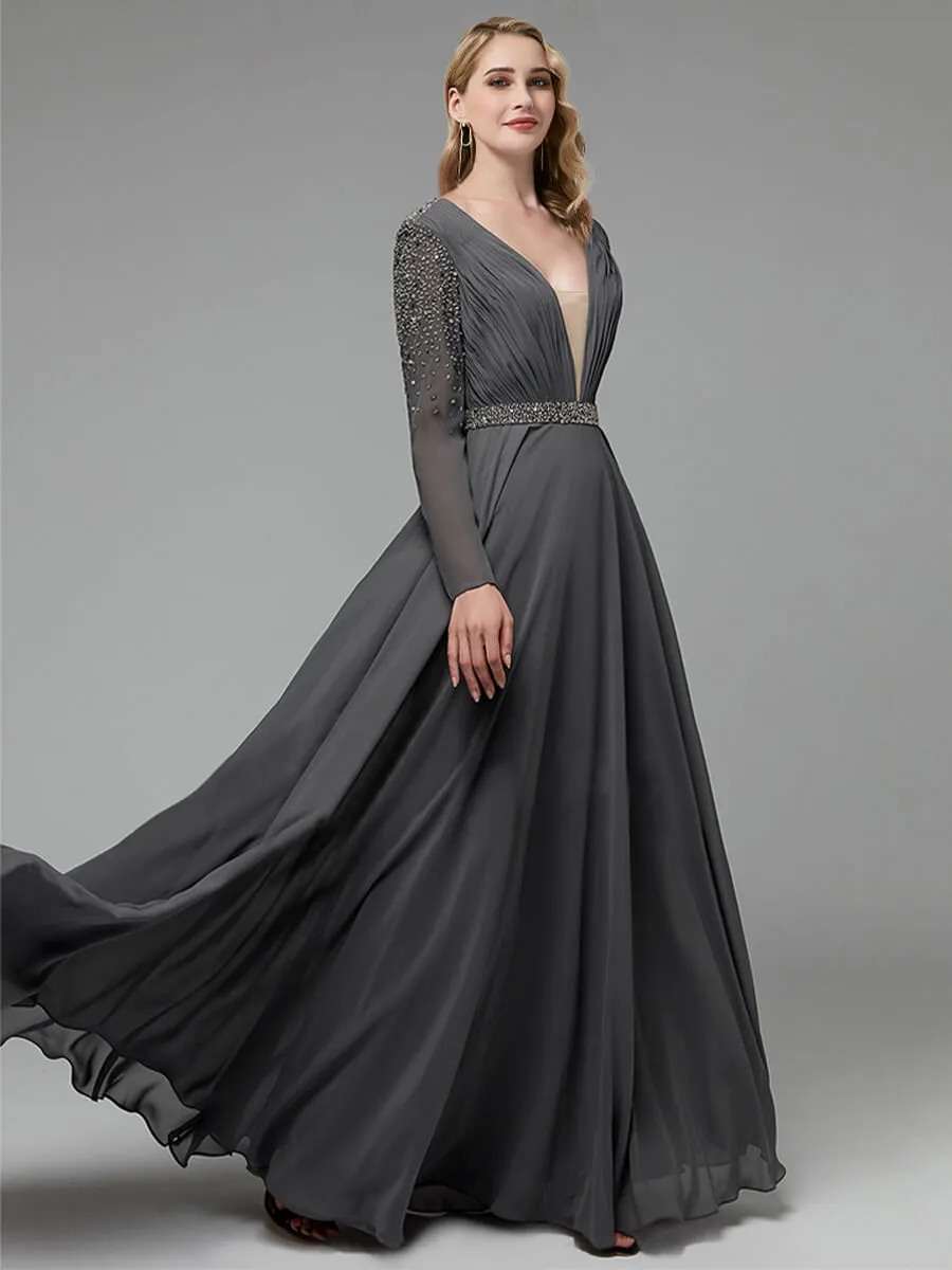 Steel Grey Long Sleeve Chiffon V-Neck Flowy Pleated Empire Prom Dress