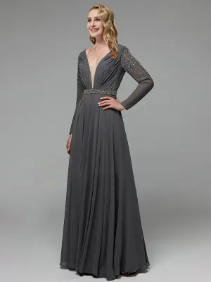 Steel Grey Long Sleeve Chiffon V-Neck Flowy Pleated Empire Prom Dress