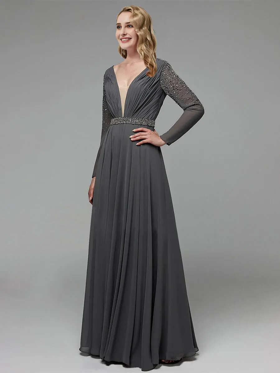 Steel Grey Long Sleeve Chiffon V-Neck Flowy Pleated Empire Prom Dress