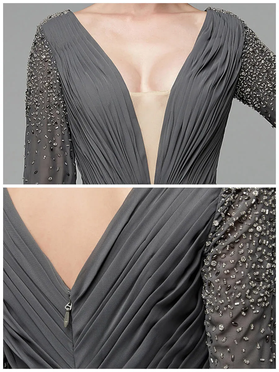 Steel Grey Long Sleeve Chiffon V-Neck Flowy Pleated Empire Prom Dress