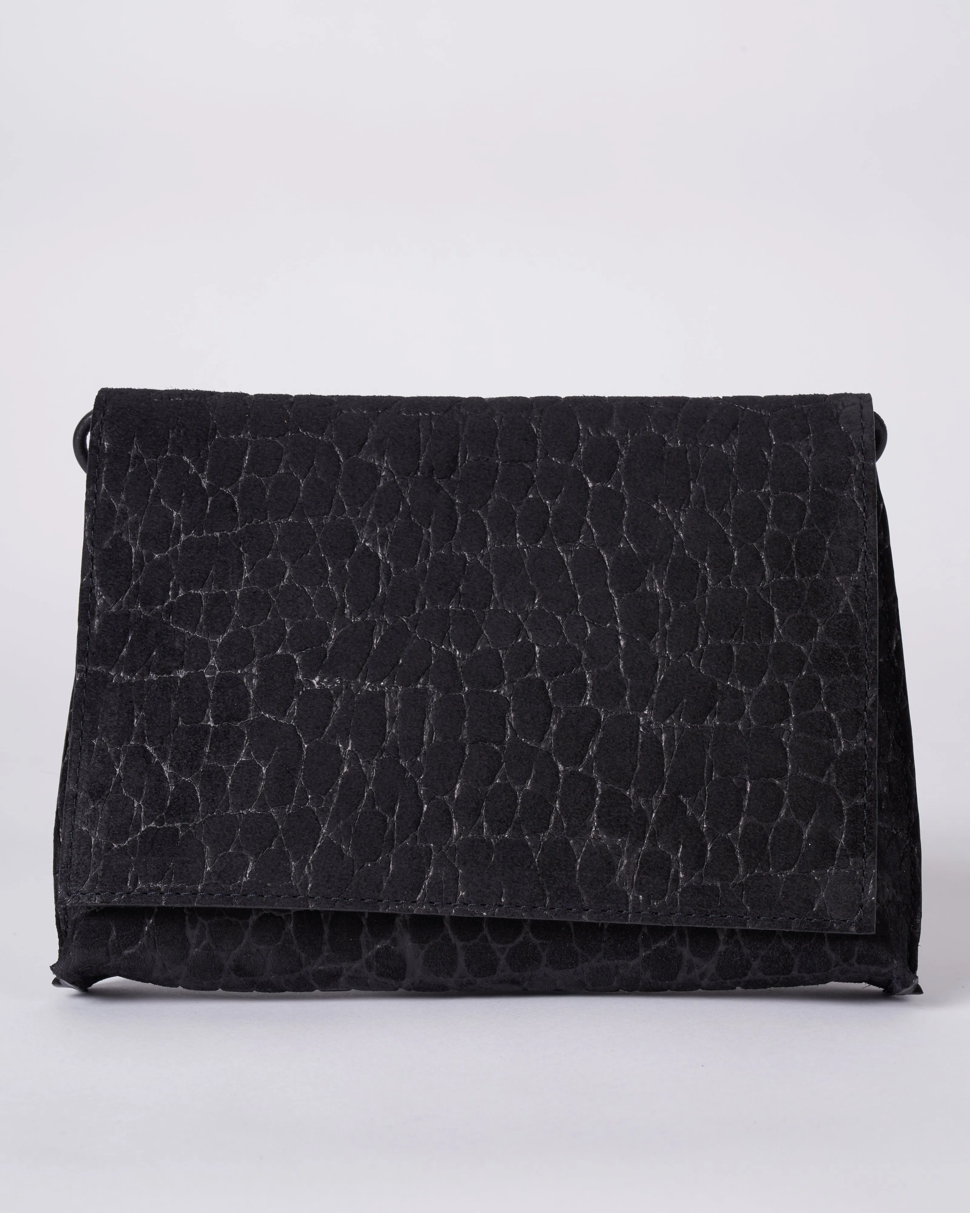 strappy foldover - coal embossed suede