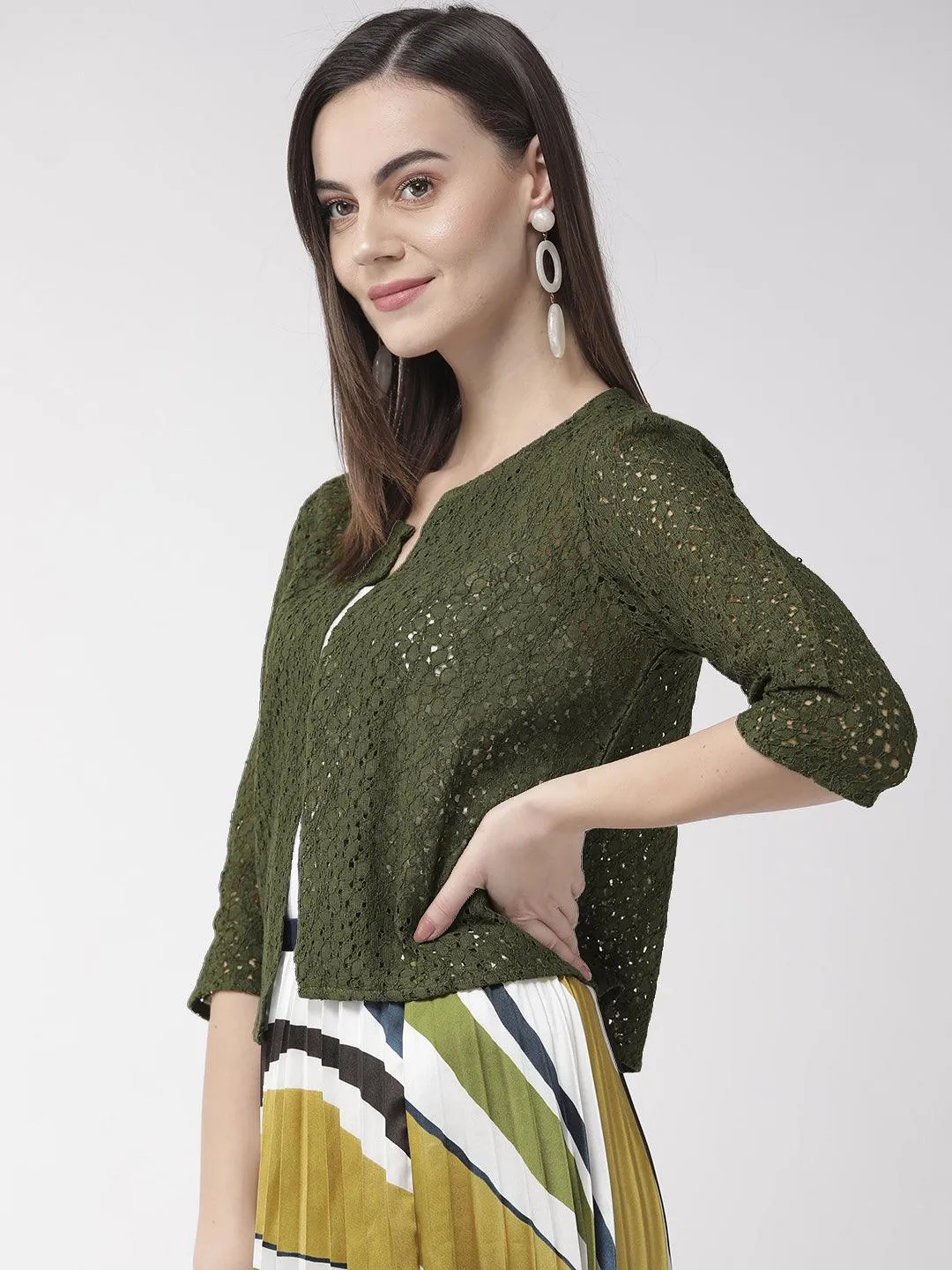 Style Quotient Women Off White Self Design Floral lace Regular Open Front Shrug