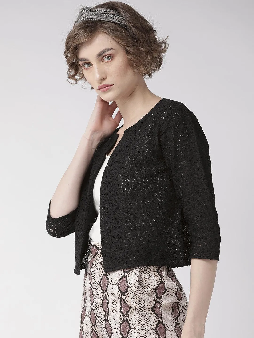 Style Quotient Women Off White Self Design Floral lace Regular Open Front Shrug