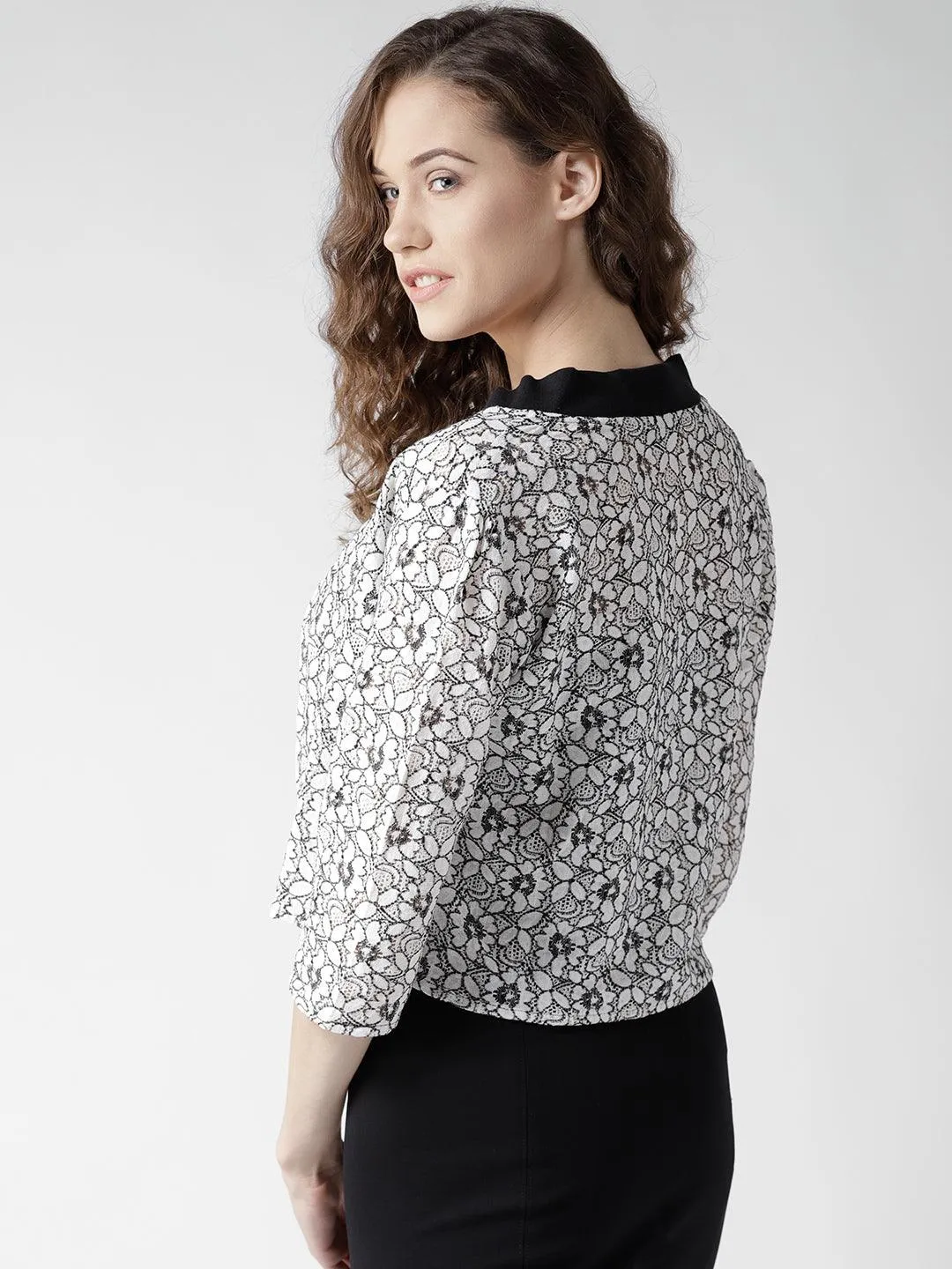 Style Quotient Women Off White Self Design Floral lace Regular Open Front Shrug