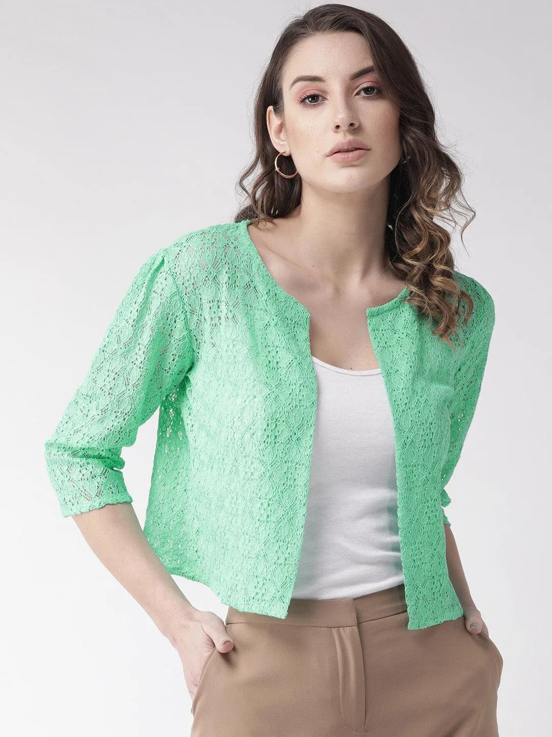 Style Quotient Women Off White Self Design Floral lace Regular Open Front Shrug