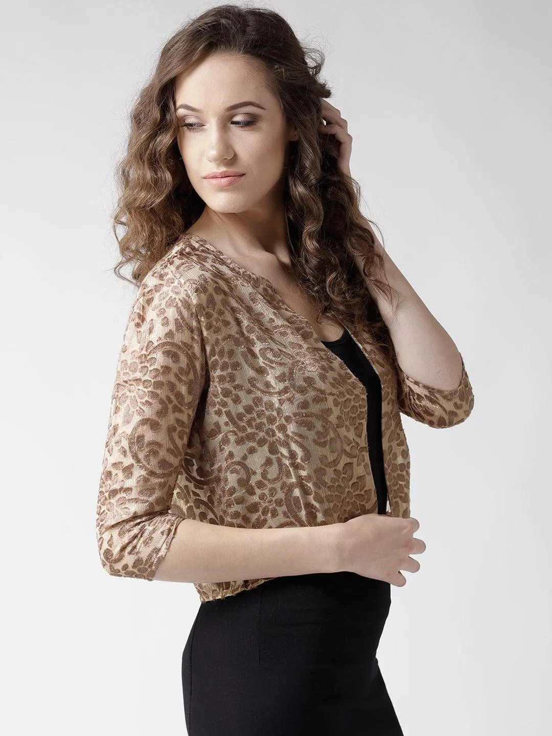 Style Quotient Women Off White Self Design Floral lace Regular Open Front Shrug