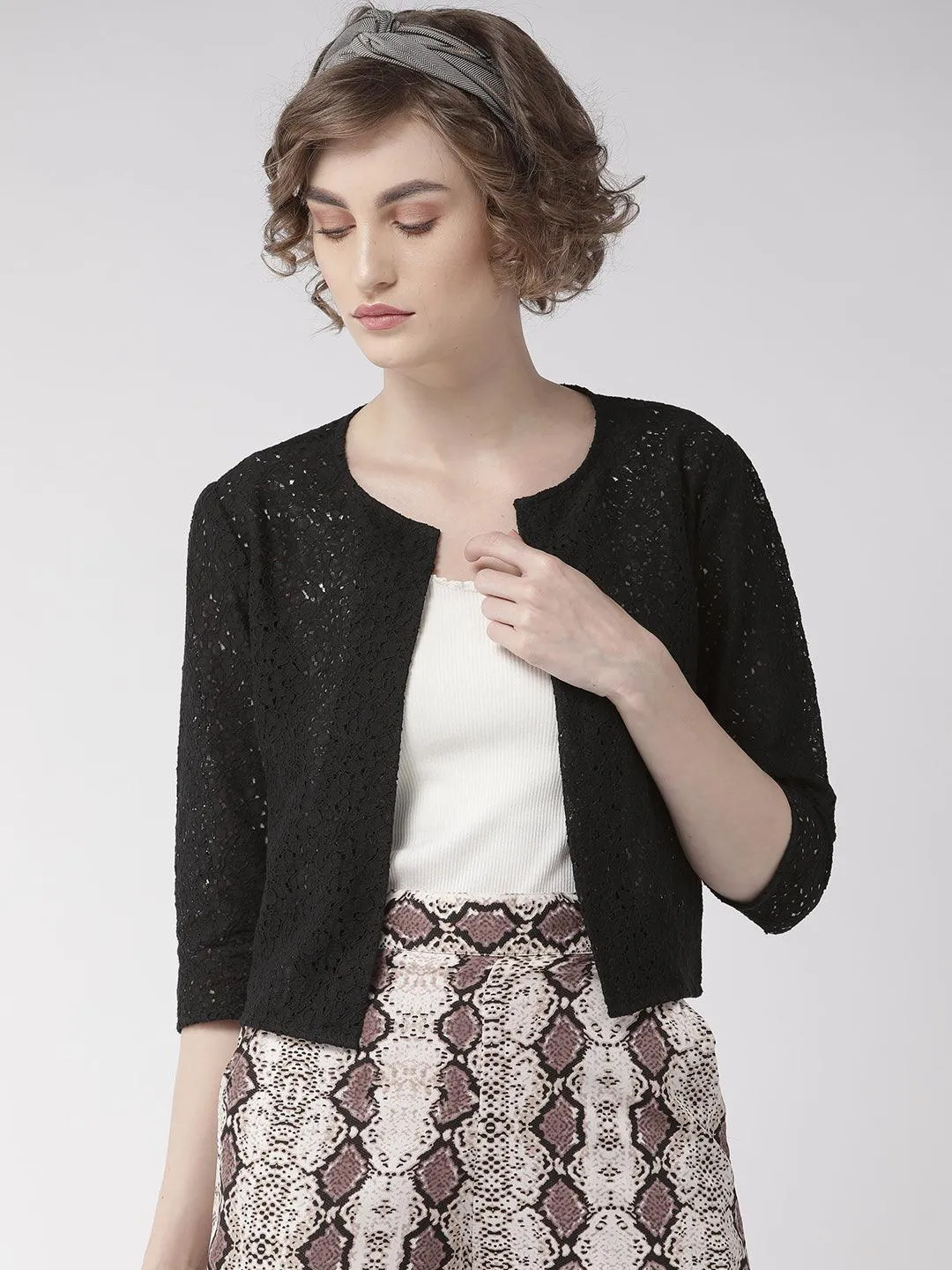 Style Quotient Women Off White Self Design Floral lace Regular Open Front Shrug