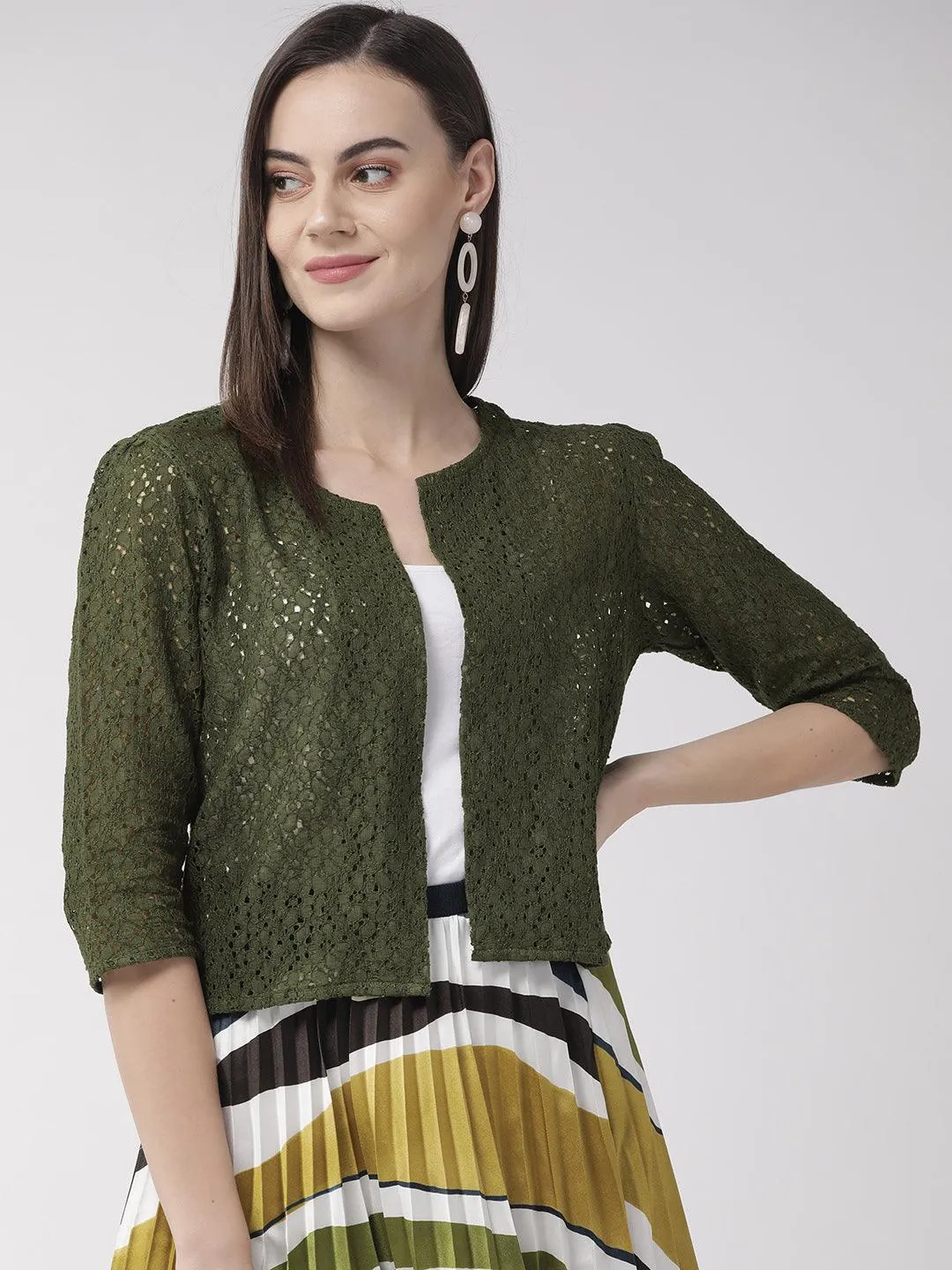Style Quotient Women Off White Self Design Floral lace Regular Open Front Shrug
