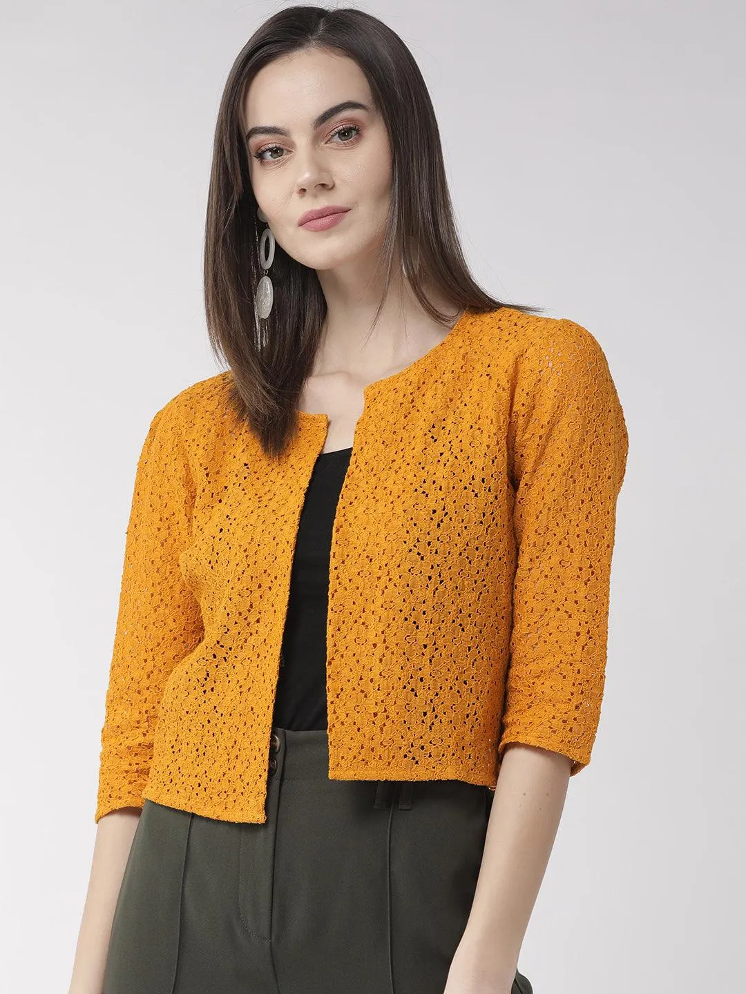 Style Quotient Women Off White Self Design Floral lace Regular Open Front Shrug