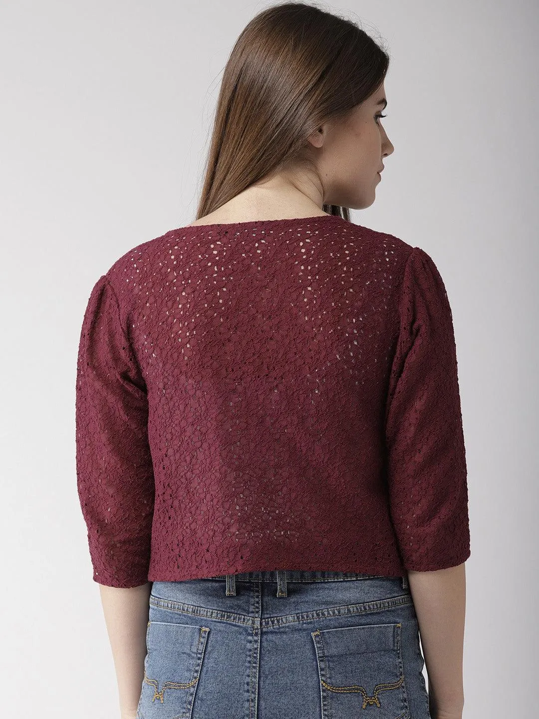 Style Quotient Women Off White Self Design Floral lace Regular Open Front Shrug