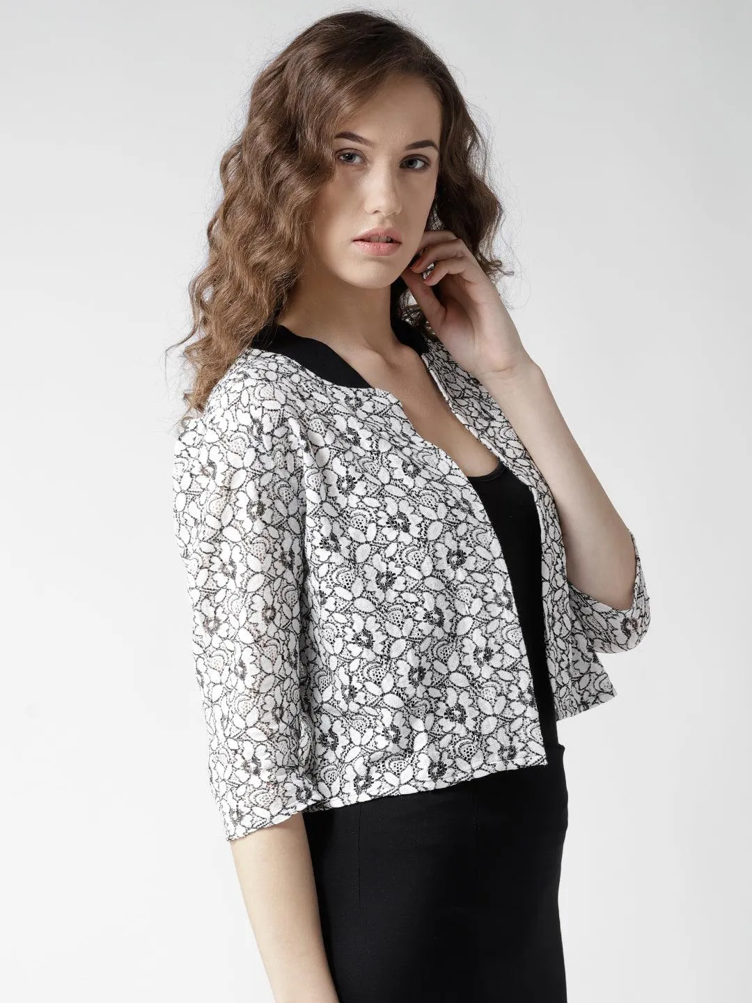 Style Quotient Women Off White Self Design Floral lace Regular Open Front Shrug