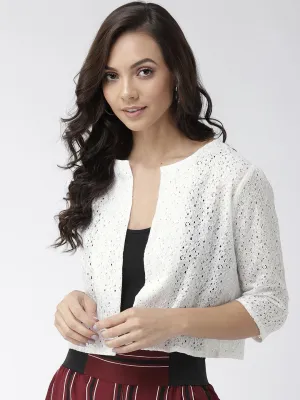 Style Quotient Women Off White Self Design Floral lace Regular Open Front Shrug