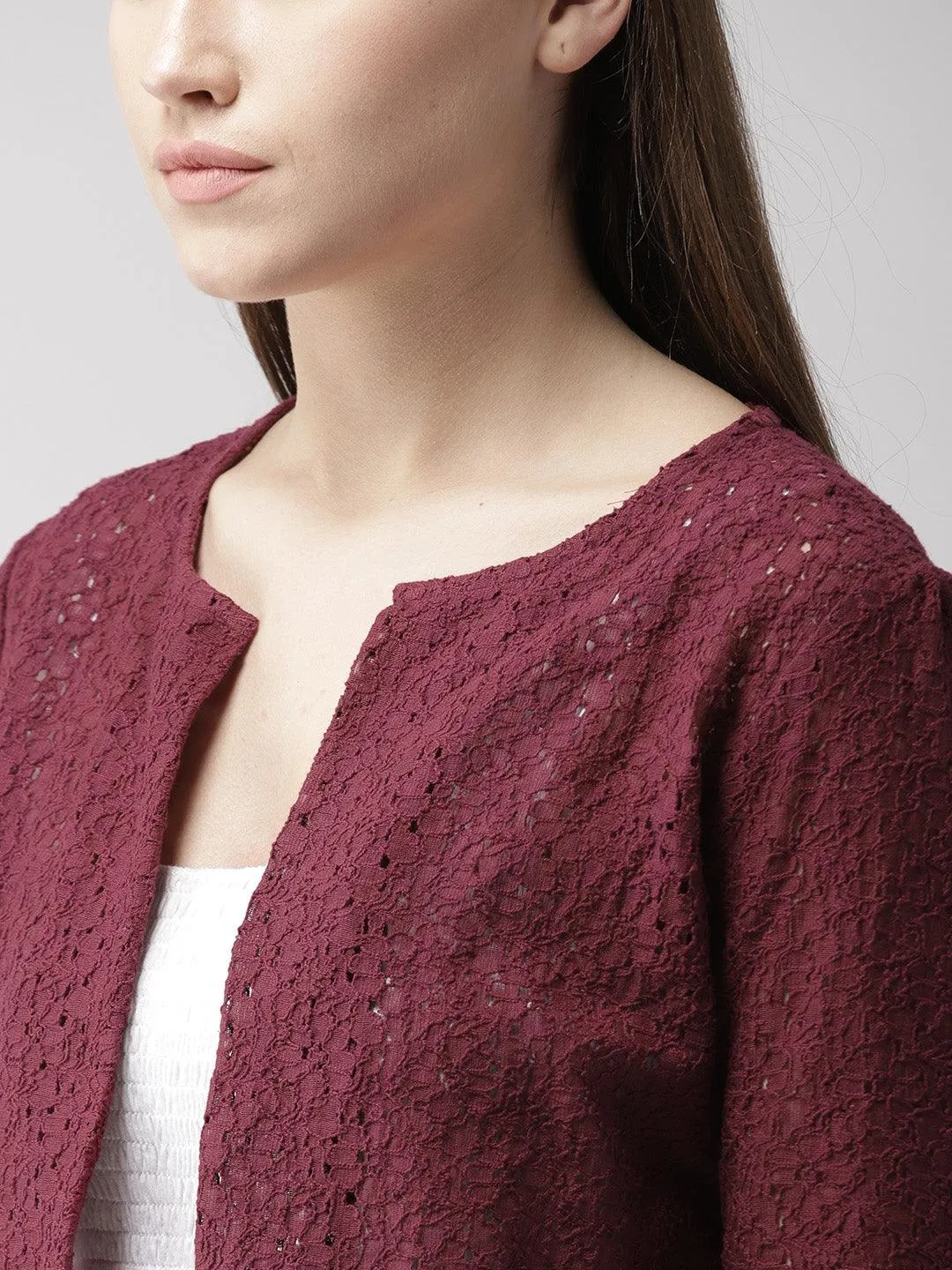 Style Quotient Women Off White Self Design Floral lace Regular Open Front Shrug