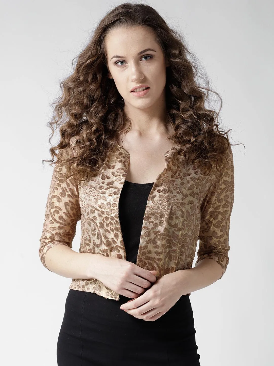 Style Quotient Women Off White Self Design Floral lace Regular Open Front Shrug