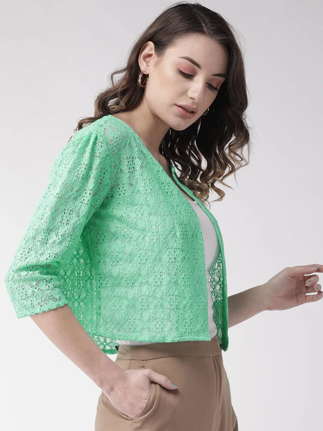 Style Quotient Women Off White Self Design Floral lace Regular Open Front Shrug