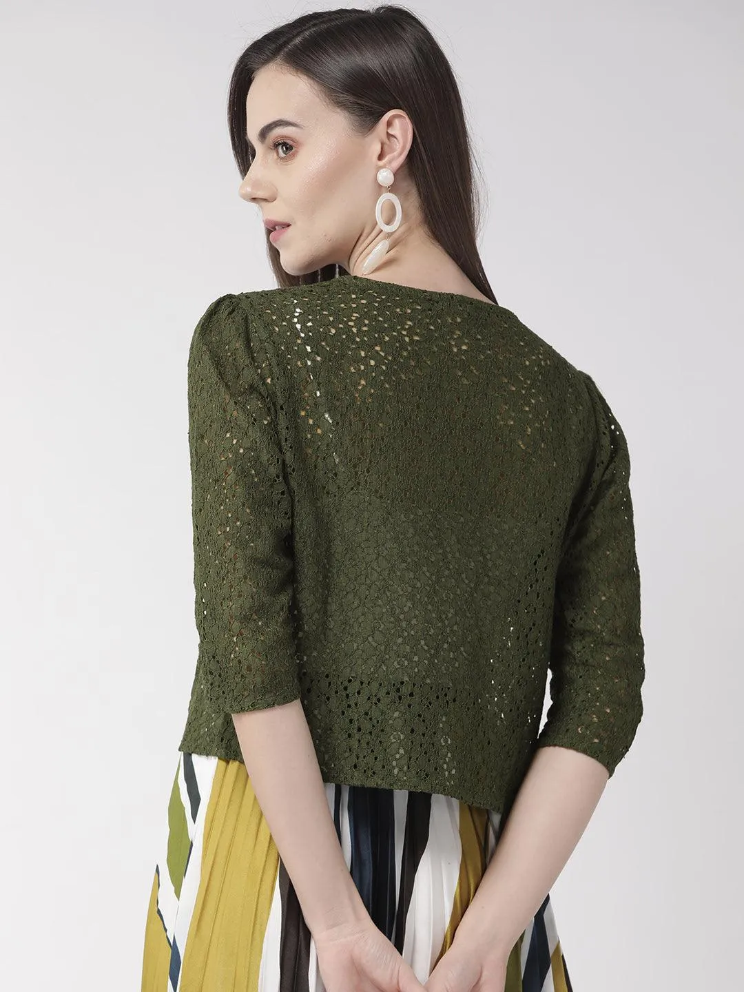 Style Quotient Women Off White Self Design Floral lace Regular Open Front Shrug