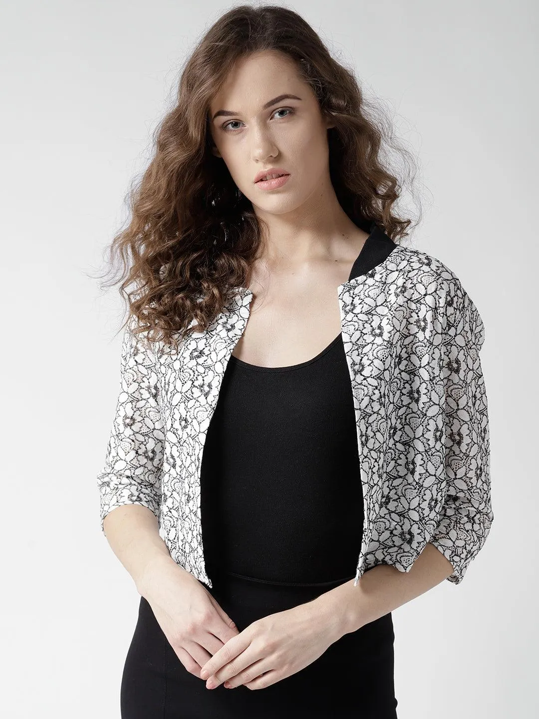 Style Quotient Women Off White Self Design Floral lace Regular Open Front Shrug