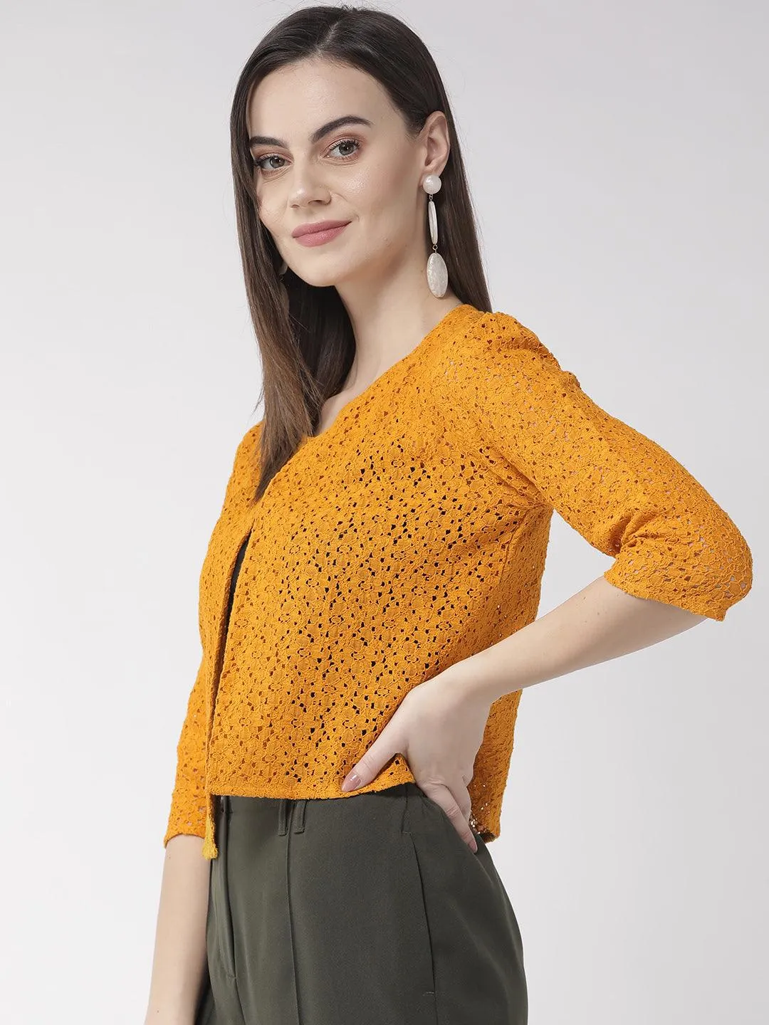 Style Quotient Women Off White Self Design Floral lace Regular Open Front Shrug