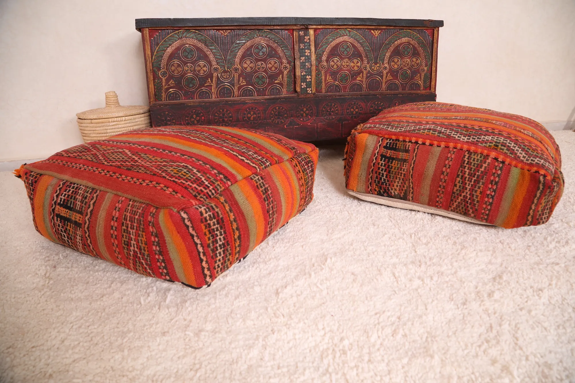 Two ottoman Moroccan woven rug poufs