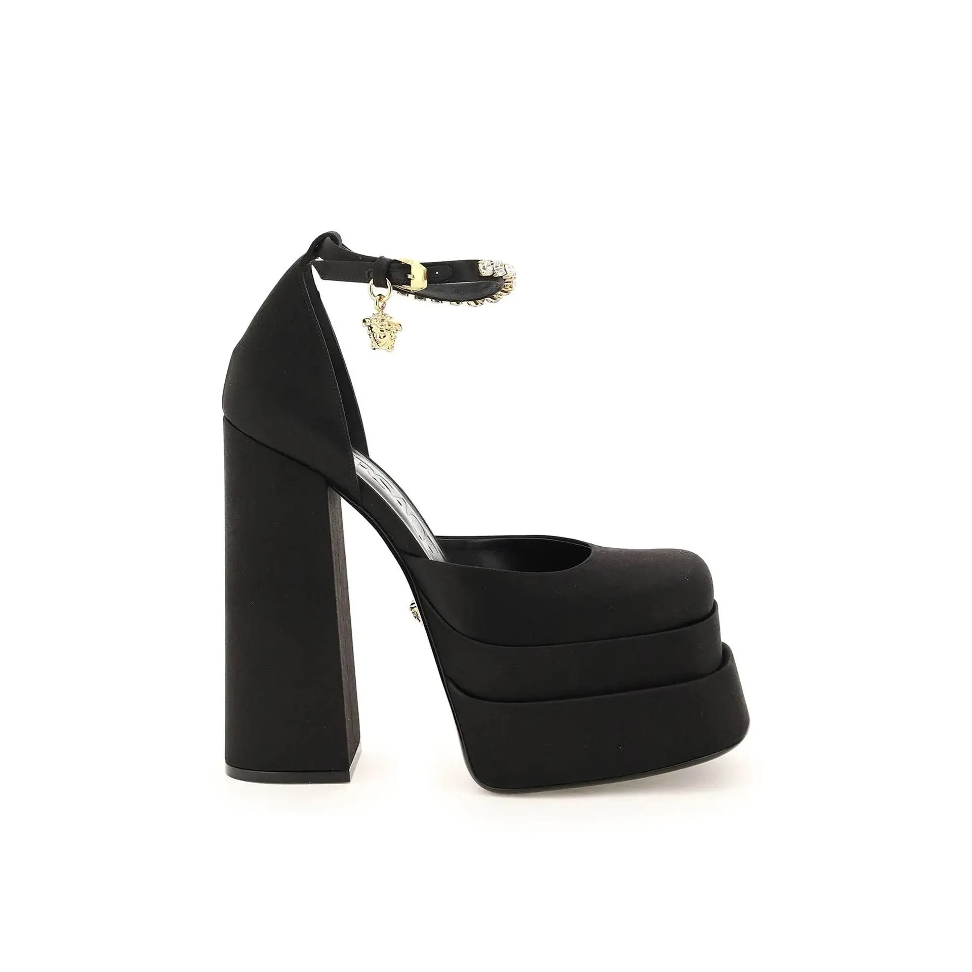 VERSACE Silk Satin Platform Pumps with Crystal Embellishments - 16 cm Heel