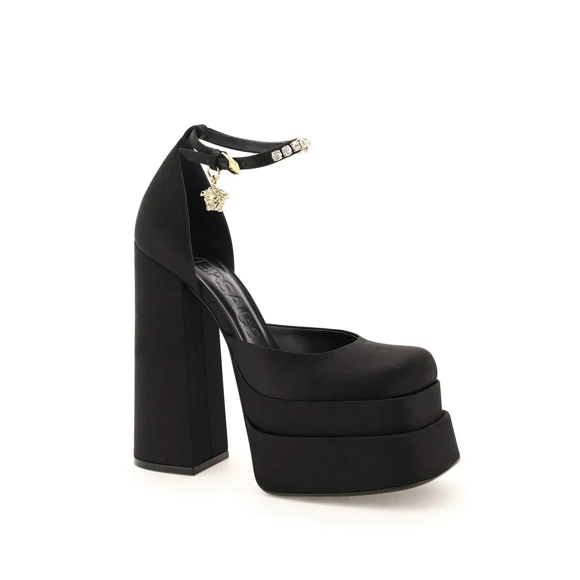 VERSACE Silk Satin Platform Pumps with Crystal Embellishments - 16 cm Heel