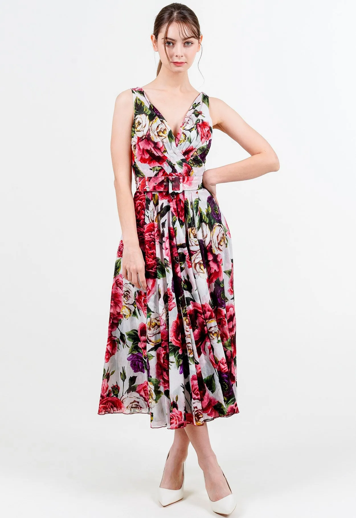 Vivien Dress V Neck Tie Sleeveless Midi Length Cotton Musola (Peony Kimono All Over)