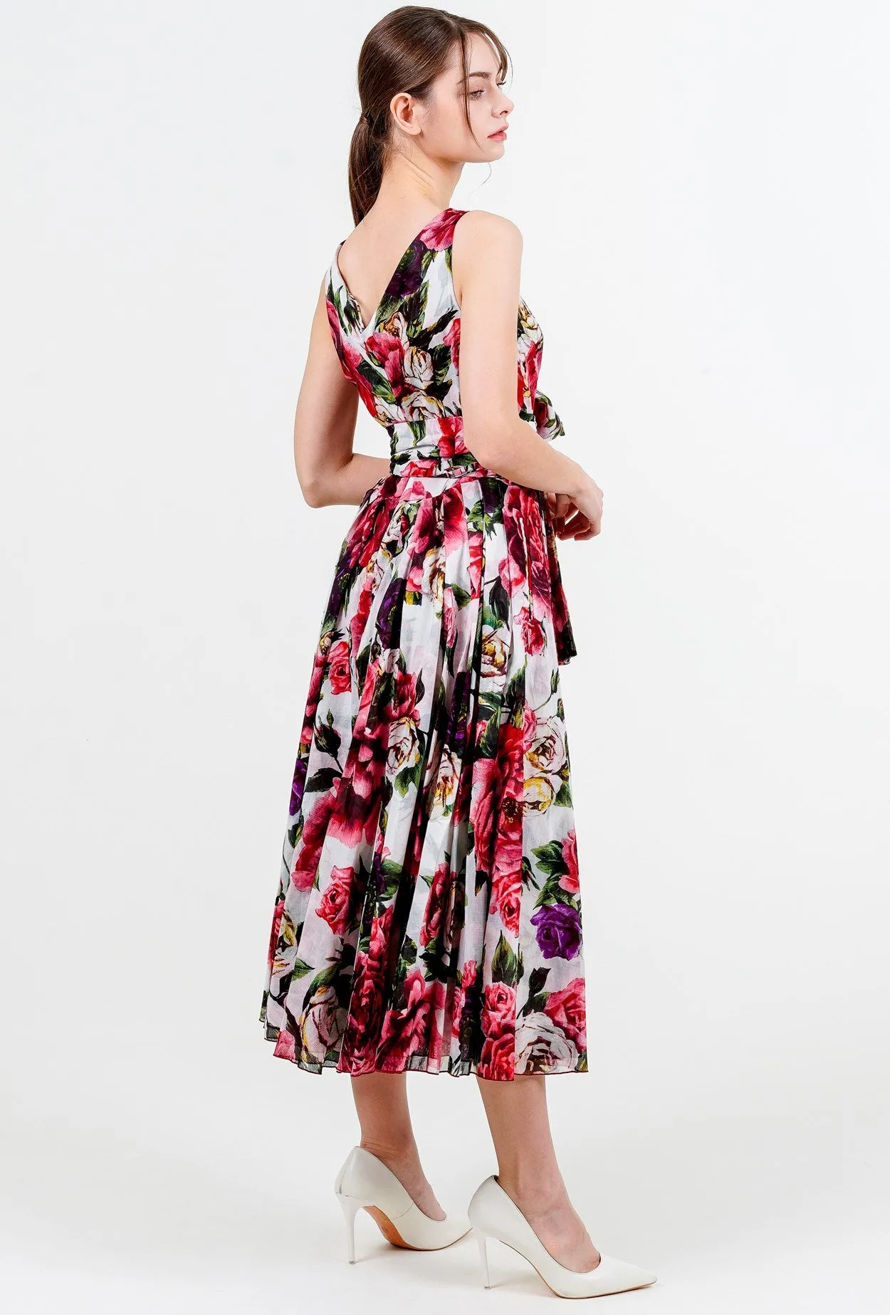 Vivien Dress V Neck Tie Sleeveless Midi Length Cotton Musola (Peony Kimono All Over)