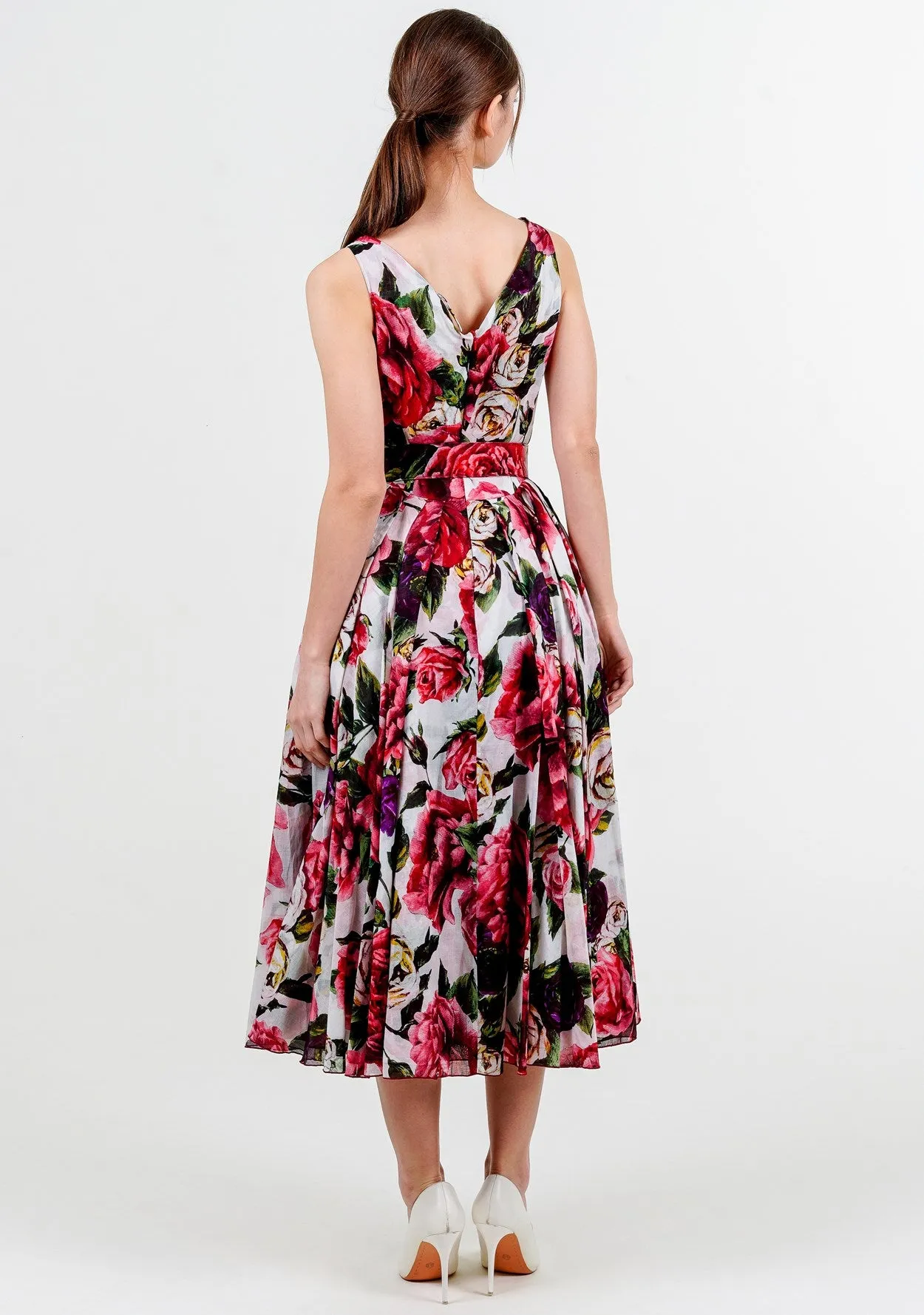 Vivien Dress V Neck Tie Sleeveless Midi Length Cotton Musola (Peony Kimono All Over)