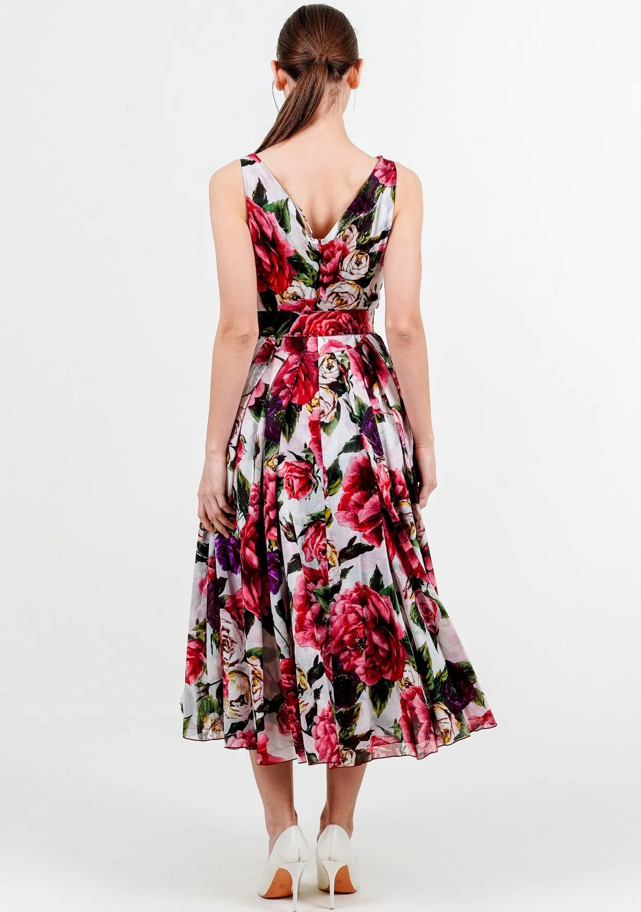 Vivien Dress V Neck Tie Sleeveless Midi Length Cotton Musola (Peony Kimono All Over)