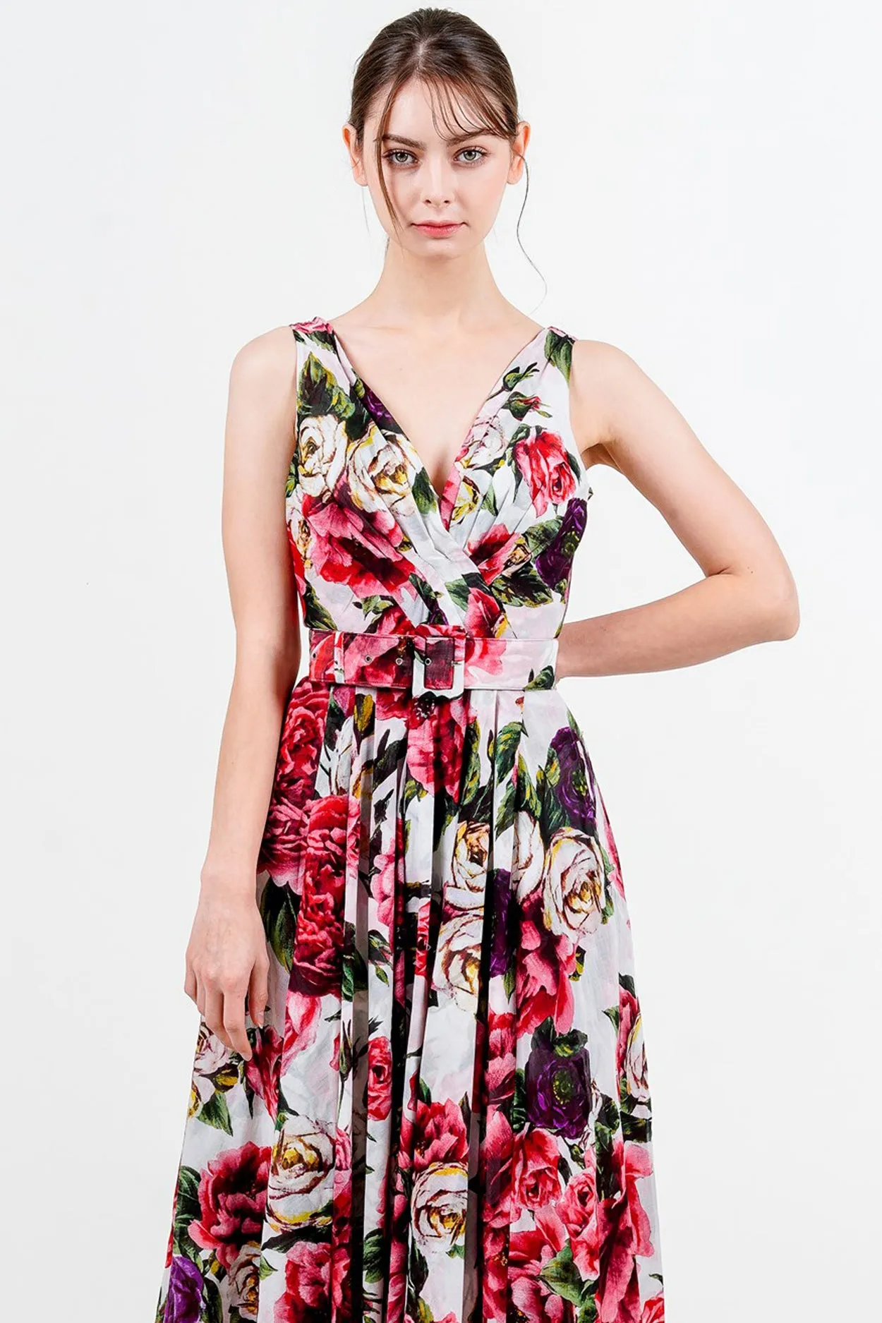 Vivien Dress V Neck Tie Sleeveless Midi Length Cotton Musola (Peony Kimono All Over)