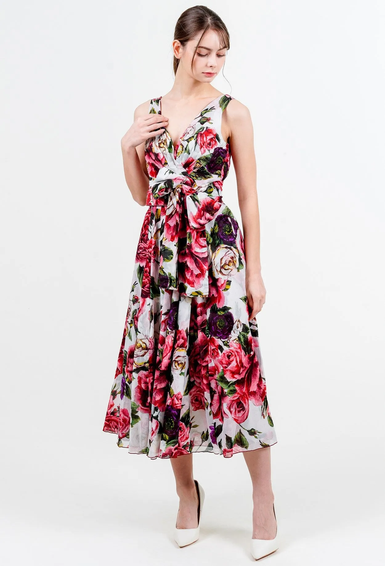 Vivien Dress V Neck Tie Sleeveless Midi Length Cotton Musola (Peony Kimono All Over)