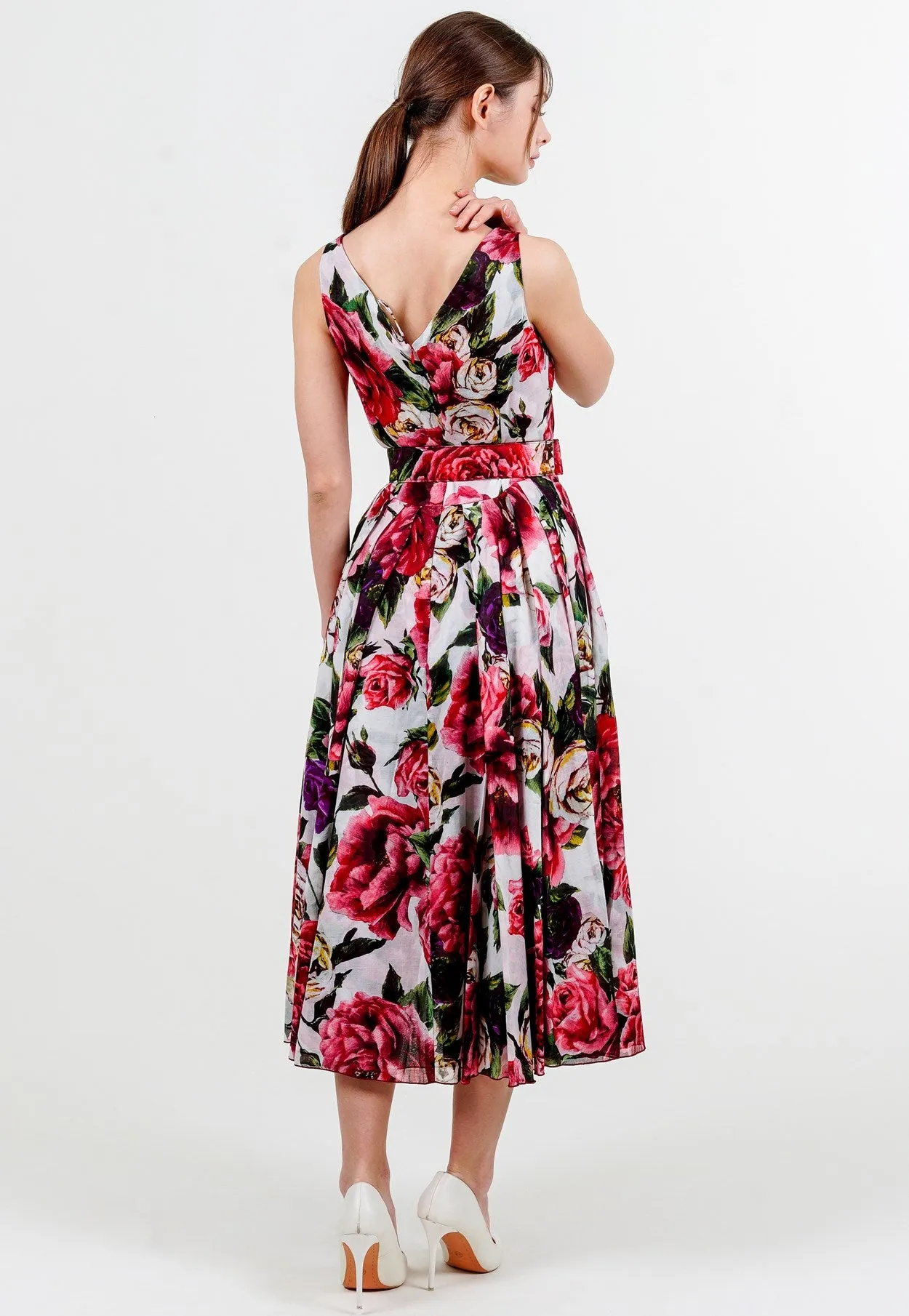 Vivien Dress V Neck Tie Sleeveless Midi Length Cotton Musola (Peony Kimono All Over)