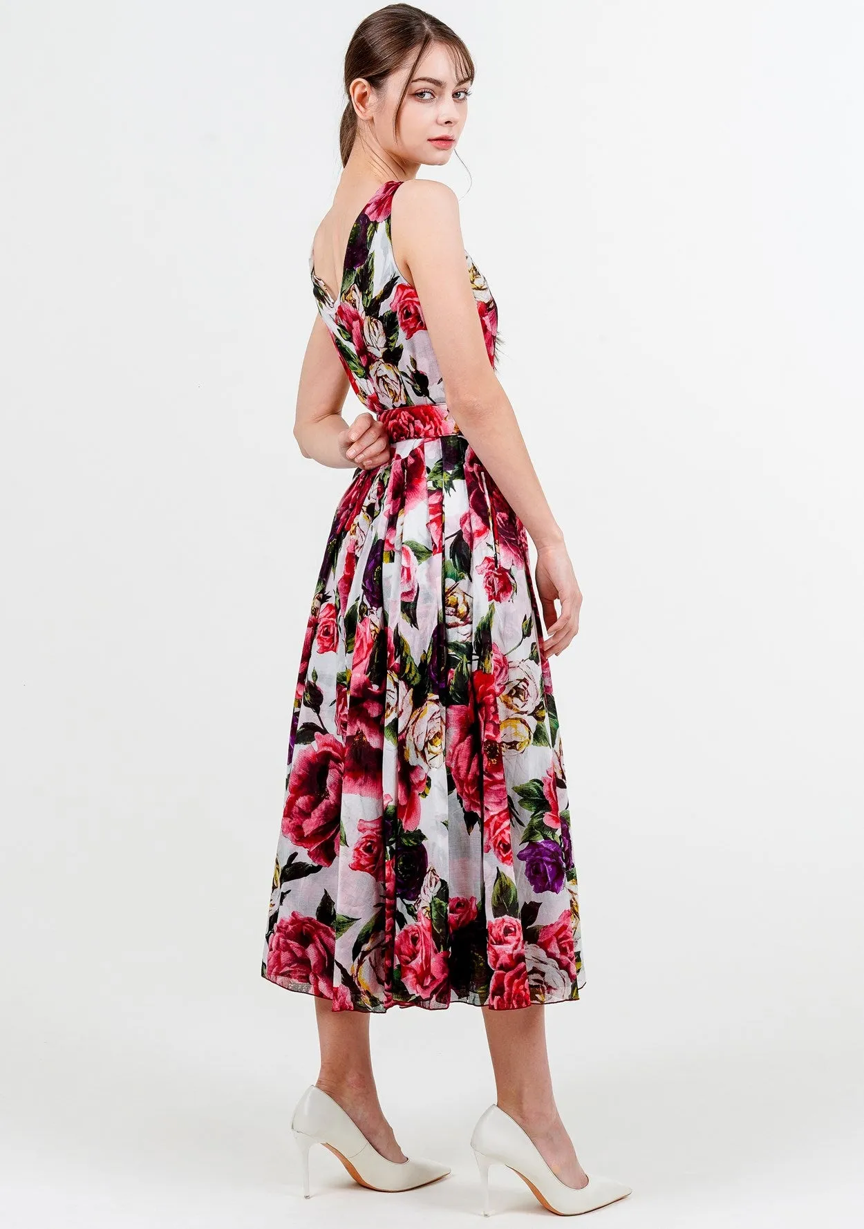 Vivien Dress V Neck Tie Sleeveless Midi Length Cotton Musola (Peony Kimono All Over)