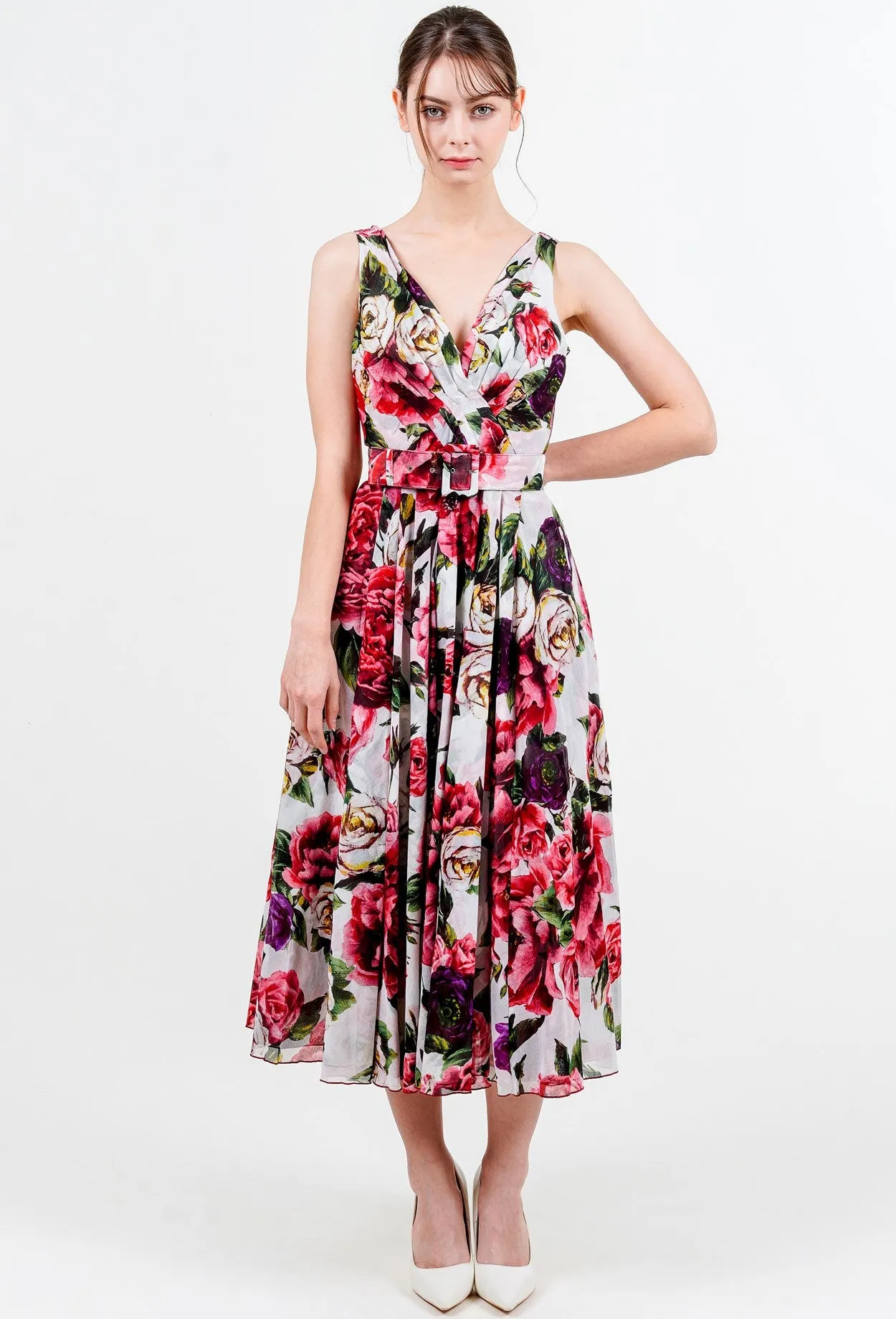 Vivien Dress V Neck Tie Sleeveless Midi Length Cotton Musola (Peony Kimono All Over)
