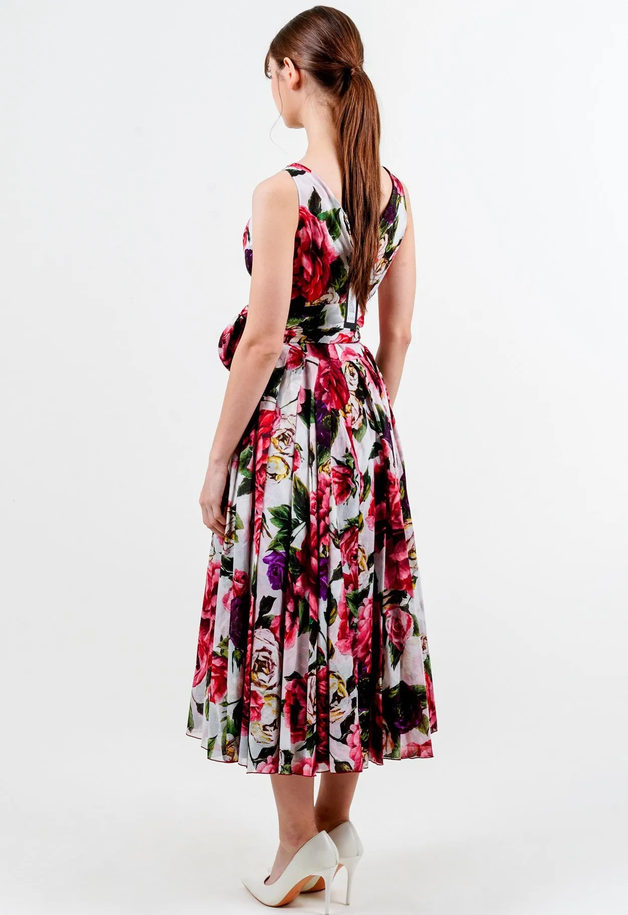 Vivien Dress V Neck Tie Sleeveless Midi Length Cotton Musola (Peony Kimono All Over)