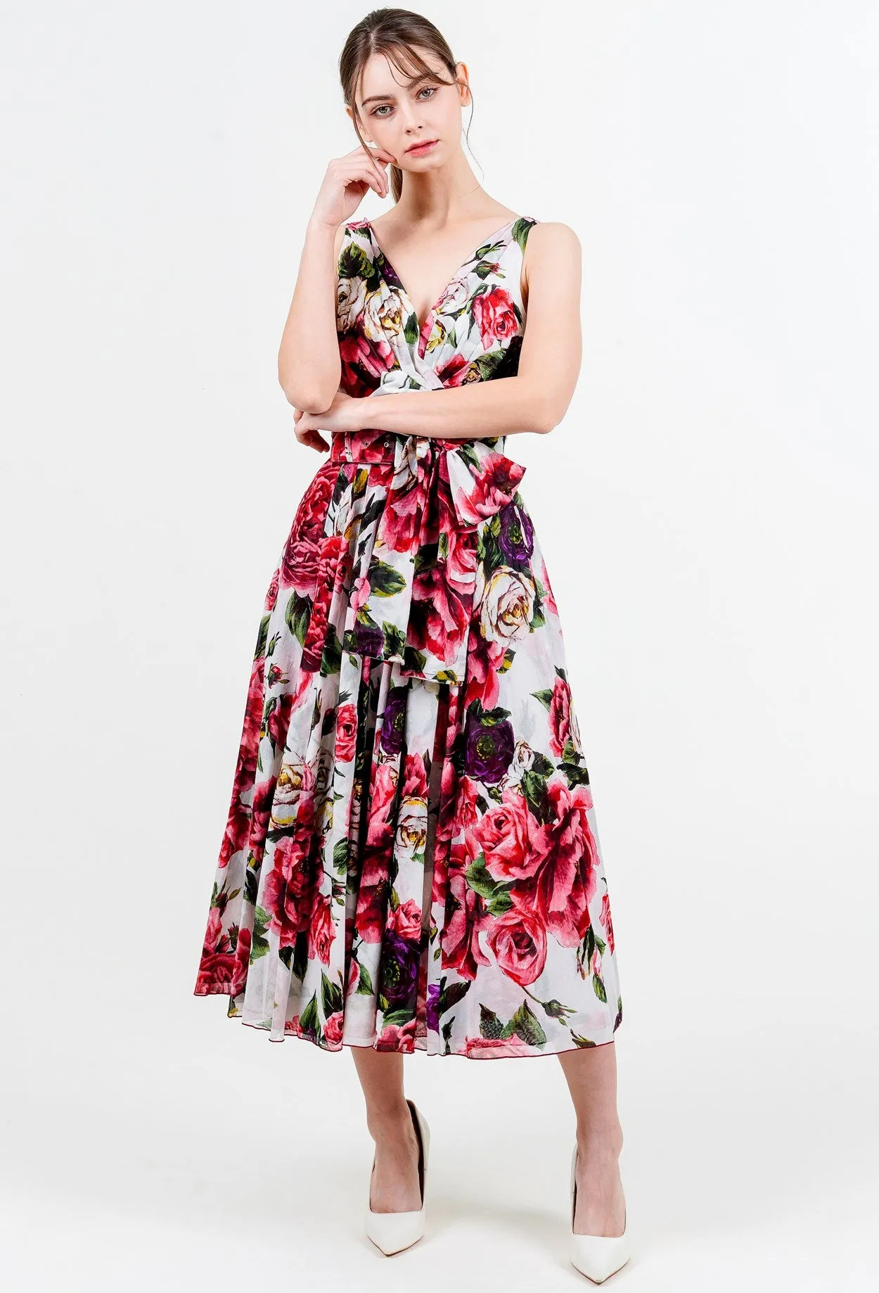 Vivien Dress V Neck Tie Sleeveless Midi Length Cotton Musola (Peony Kimono All Over)