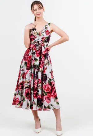 Vivien Dress V Neck Tie Sleeveless Midi Length Cotton Musola (Peony Kimono All Over)