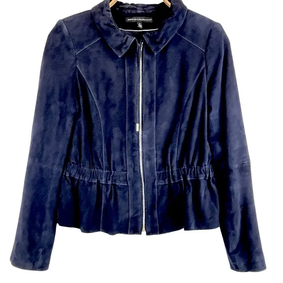 WHBM Genuine Suede Jacket Flattering Peplum Hem Admiral Blue Sz S