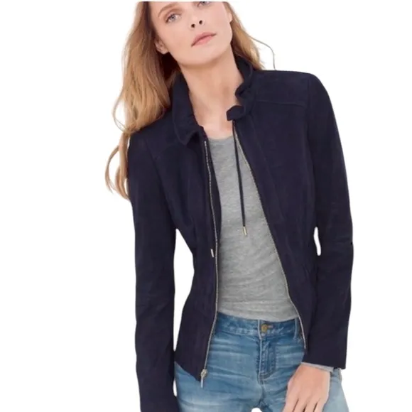 WHBM Genuine Suede Jacket Flattering Peplum Hem Admiral Blue Sz S