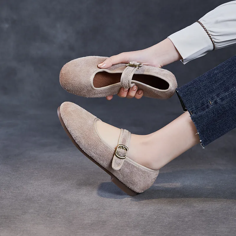 Women Retro Plain Suede Buckle Soft Flats