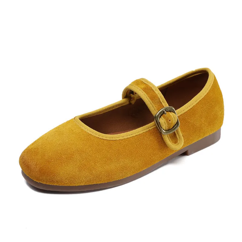 Women Retro Plain Suede Buckle Soft Flats