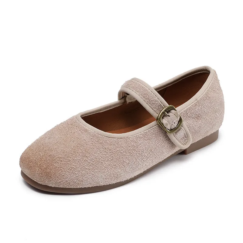 Women Retro Plain Suede Buckle Soft Flats