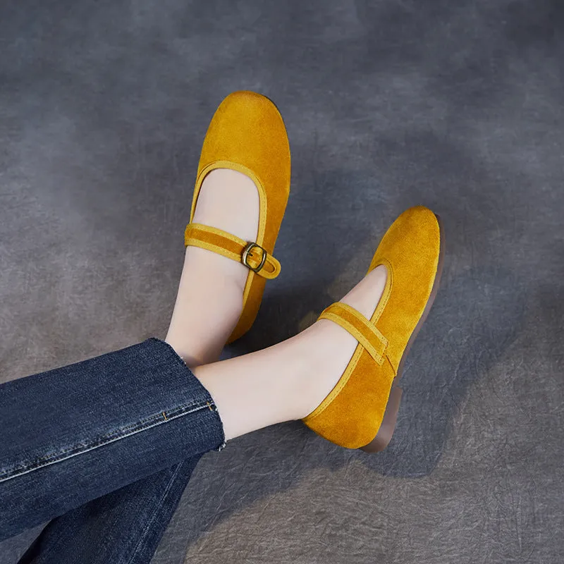 Women Retro Plain Suede Buckle Soft Flats