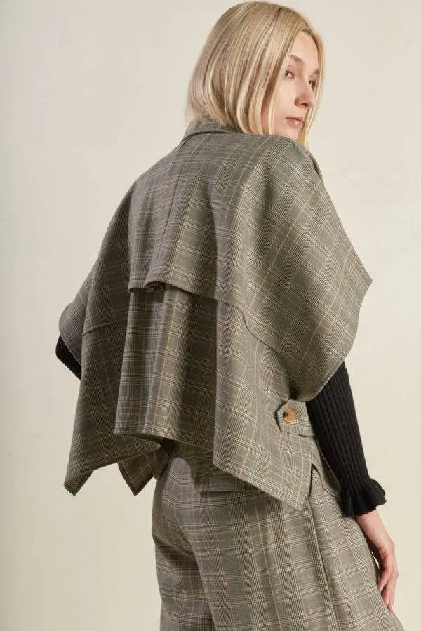 Woven Plaid Cape-Like Button Top