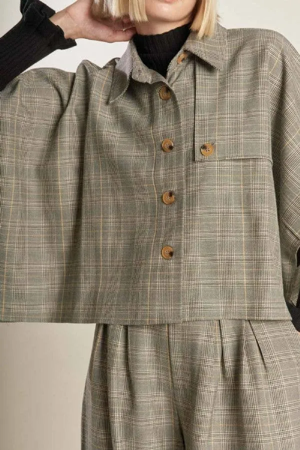 Woven Plaid Cape-Like Button Top