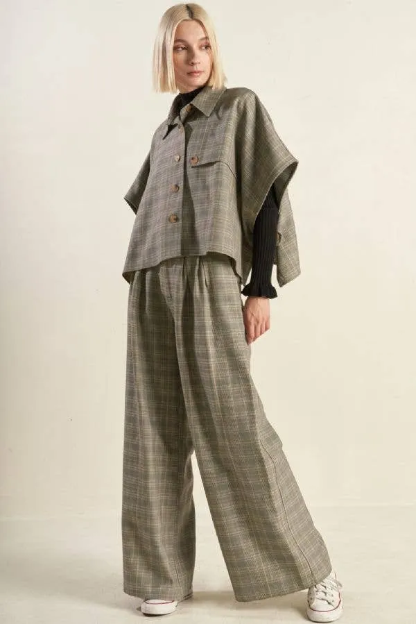 Woven Plaid Cape-Like Button Top
