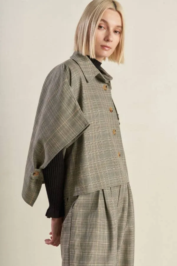 Woven Plaid Cape-Like Button Top