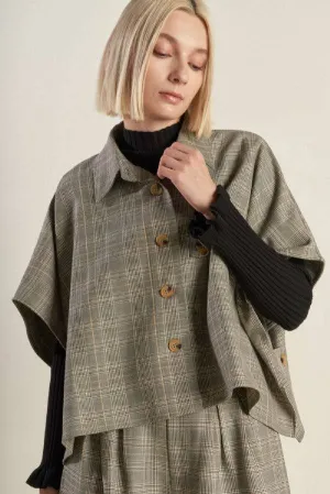 Woven Plaid Cape-Like Button Top